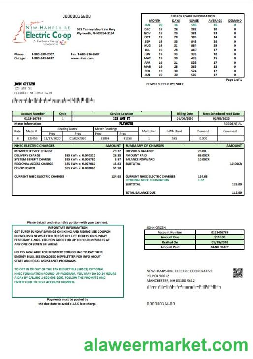 USA New Hampshire Electric Co-op electricity utility bill template in Word and PDF format